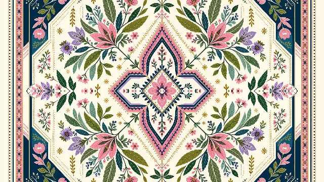 Cream mahjong mat with pink flowers and green
