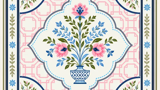 Mahjong mat with pink flowers and blue vase