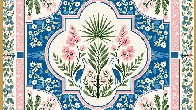 Blue and pink floral mat with two cranes