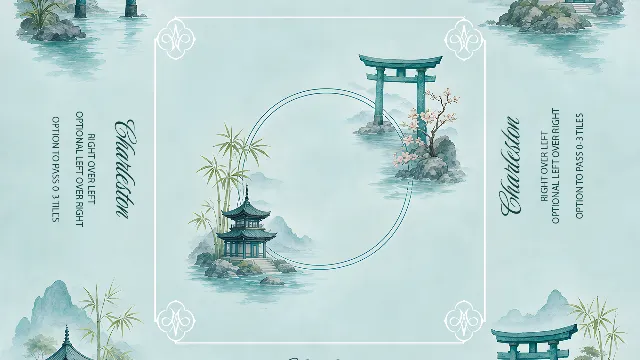 Turquoise mahjong mat with pagodas and trees
