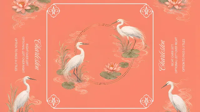 Coral mahjong mat with white herons and lotuses